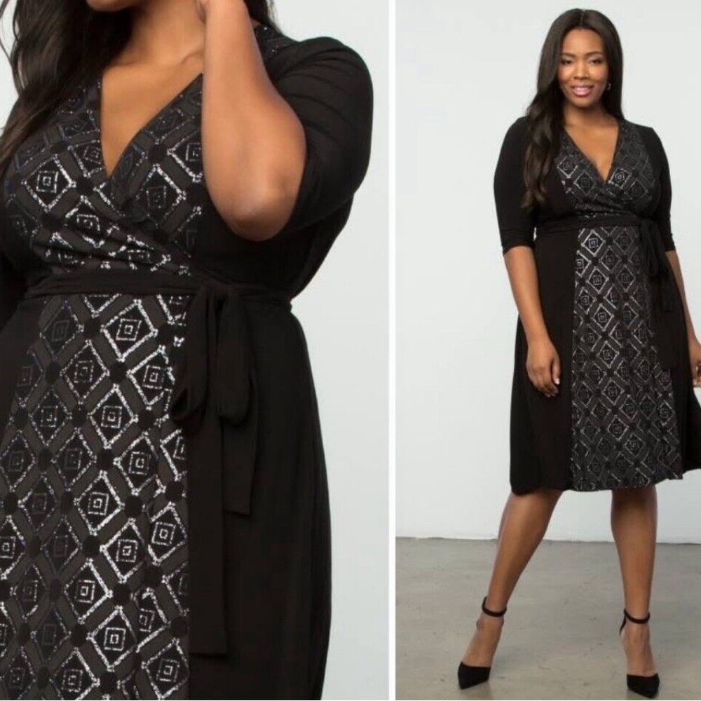 NWT Kiyonna Women’s Elegant Black and Silver Wrap Dress Size 18/20